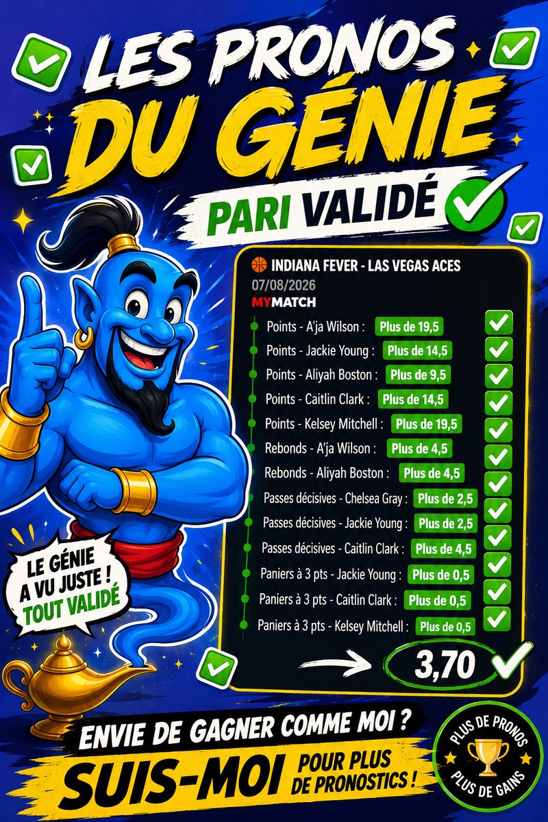 LPduGenie's tweet photo. On valide le MyMatch WNBA 🏀 à 3,70 ✅

La confiance était bonne 🧞‍♂️👀

#TeamParieur https://t.co/Hu1wkvshom