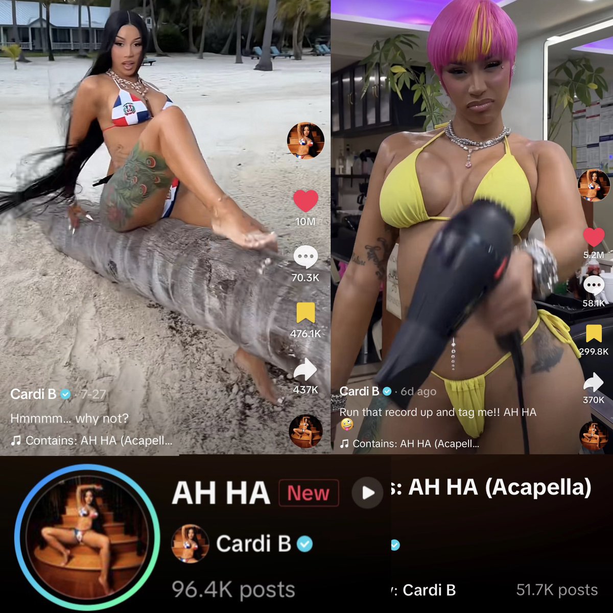 BardisMedia's tweet photo. Cardi B’s viral “AH HA” snippet video has surpassed 10 Million likes on TikTok, with the 2nd one at 5.2M likes. The official audios have 148.1K posts combined!🔥 https://t.co/Ov0QyvPp61