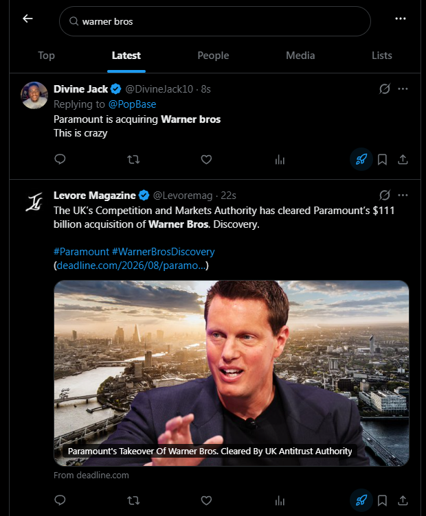 anaaclars's tweet photo. Yo i swear this is huge af

Paramount, the movie company just bought WarnerBros for 120 billion and they are merging as a company

They are the 2 biggest movie companies in the world

theres tweets every second about it 
https://t.co/cYMEOSaxRm https://t.co/DO36yryG1f