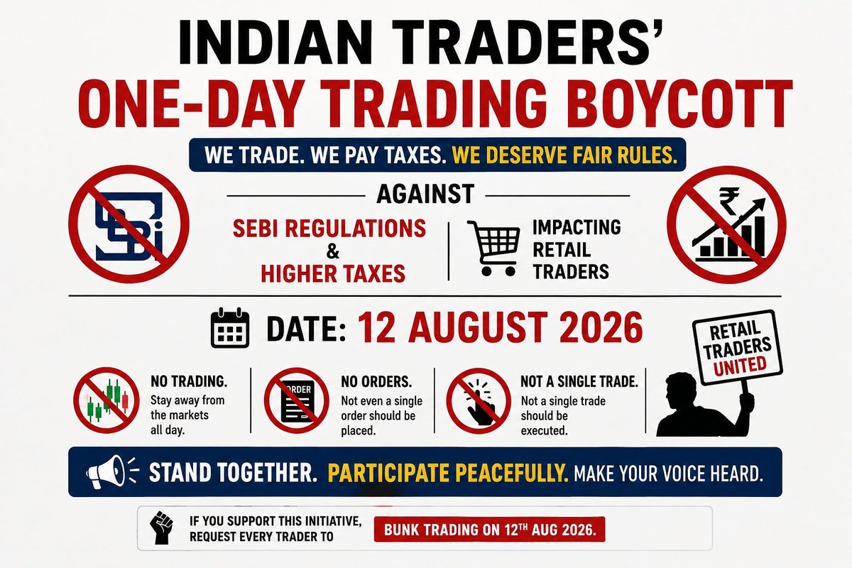 Trendtrader06's tweet photo. Time to unite, time to save Indian Trading Community
We request @narendramodi @AmitShah @PMOIndia to stop these massive changes and disruptions affecting Indian Markets
A healthy derivatives market is needed for rapid developing economy
#NoTrading12Aug
#RollbackCAS
#RollbackSTT https://t.co/eixKWslU13