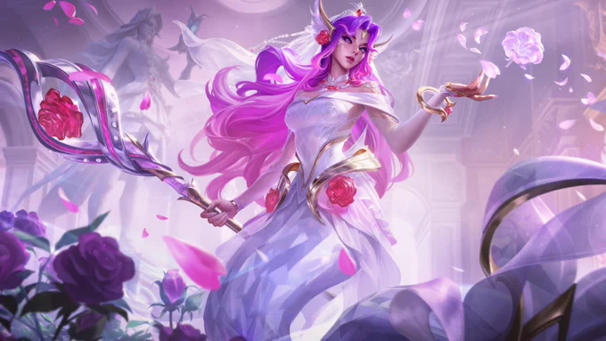 Crystal Rose Nami, dressed in a flowing white gown with gold trim, accented by pink roses, plucks a flower out of the air as pink petals dance around her in the wind.