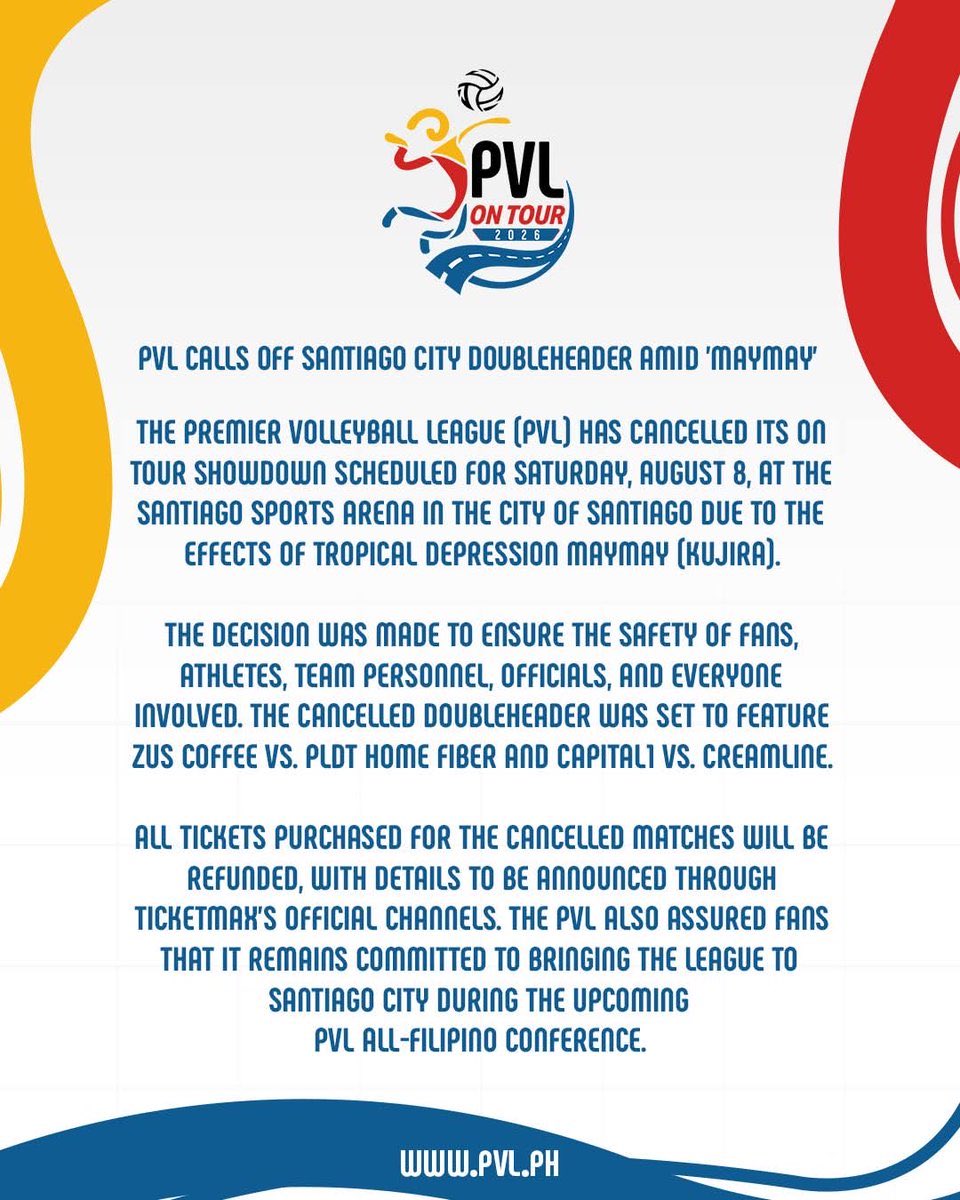 PaigeJavier's tweet photo. The Premier Volleyball League has cancelled the PVL on Tour doubleheader set for Saturday due to #MaymayPH
The matches featuring Zus Coffee vs. PLDT and Capital1 vs. Creamline were supposed to be held at the Santiago Sports Arena in Santiago City, Isabela. (📸: PVL) https://t.co/rSXJuuMLoX