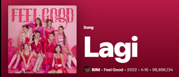 BiniPH214's tweet photo. Make it a LAGI habit to stream Lagi as it nears to reach 100M streams milestone on @Spotify. #BINI #BINI_Lagi

https://t.co/FKqP4mmbp8