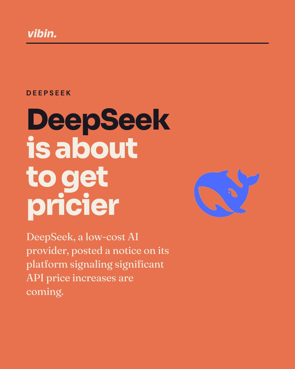 vibin_live's tweet photo. @deepseek_ai just posted a notice on its platform that it plans to significantly raise API pricing soon, the fee developers pay every time their app runs the model.

No date or new numbers yet, but building on cheapest-today looks shaky now. https://t.co/T5JseP2aB9