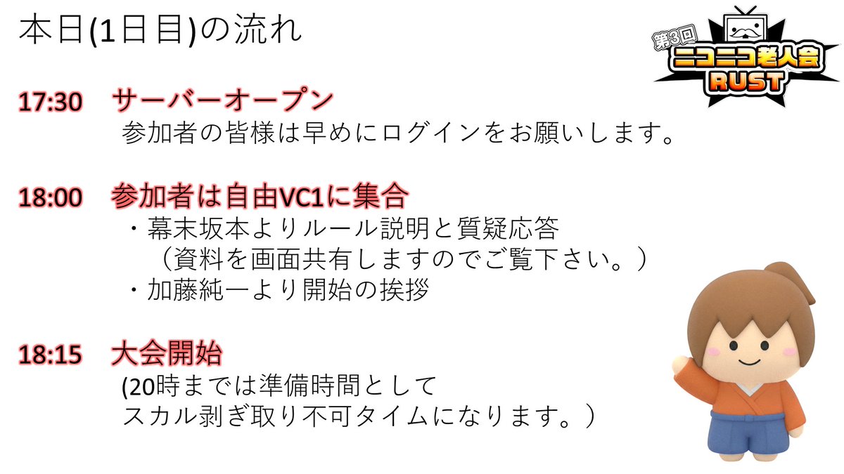 kirizaki_ei's tweet photo. 「ニコニコ老人会RUST第3回」の一日目の流れです
開始にあたって混乱している参加者がいれば
視聴者の皆様がコメントで教えてあげてください

#ニコニコ老人会RUST https://t.co/gVWvQMdjQQ