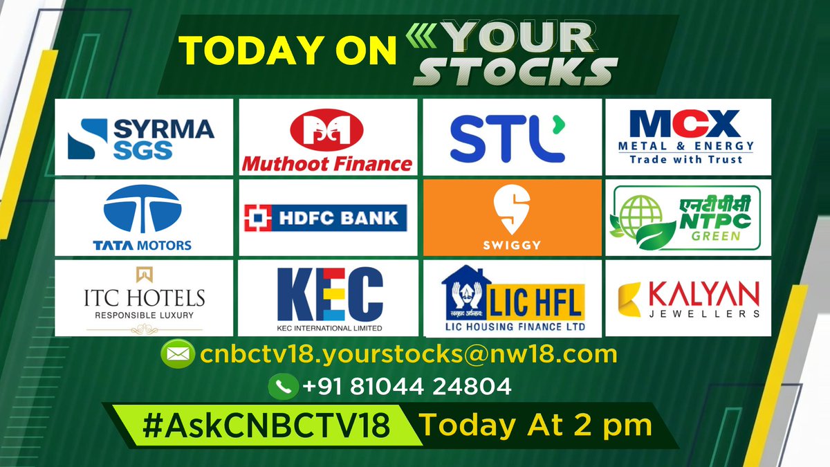 CNBCTV18Live's tweet photo. #COMINGUP | What's on your watchlist today?
Drop in with your stock queries and tune in to Your Stocks at 2 PM on CNBC-TV18 as our market experts answer them LIVE
#DalalStreet #StockTalk #CNBCTV18 #CNBCTV18Market @vinnii_motiwala @Arundathi_Ram https://t.co/2fpY8BAqz4