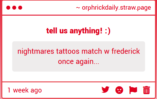 orphrickdaily's tweet photo. "nightmares tattoos match w frederick once again..."
Whole house normal π
#orphricksp https://t.co/jl0wuJvpRq https://t.co/2YGdUONmX7