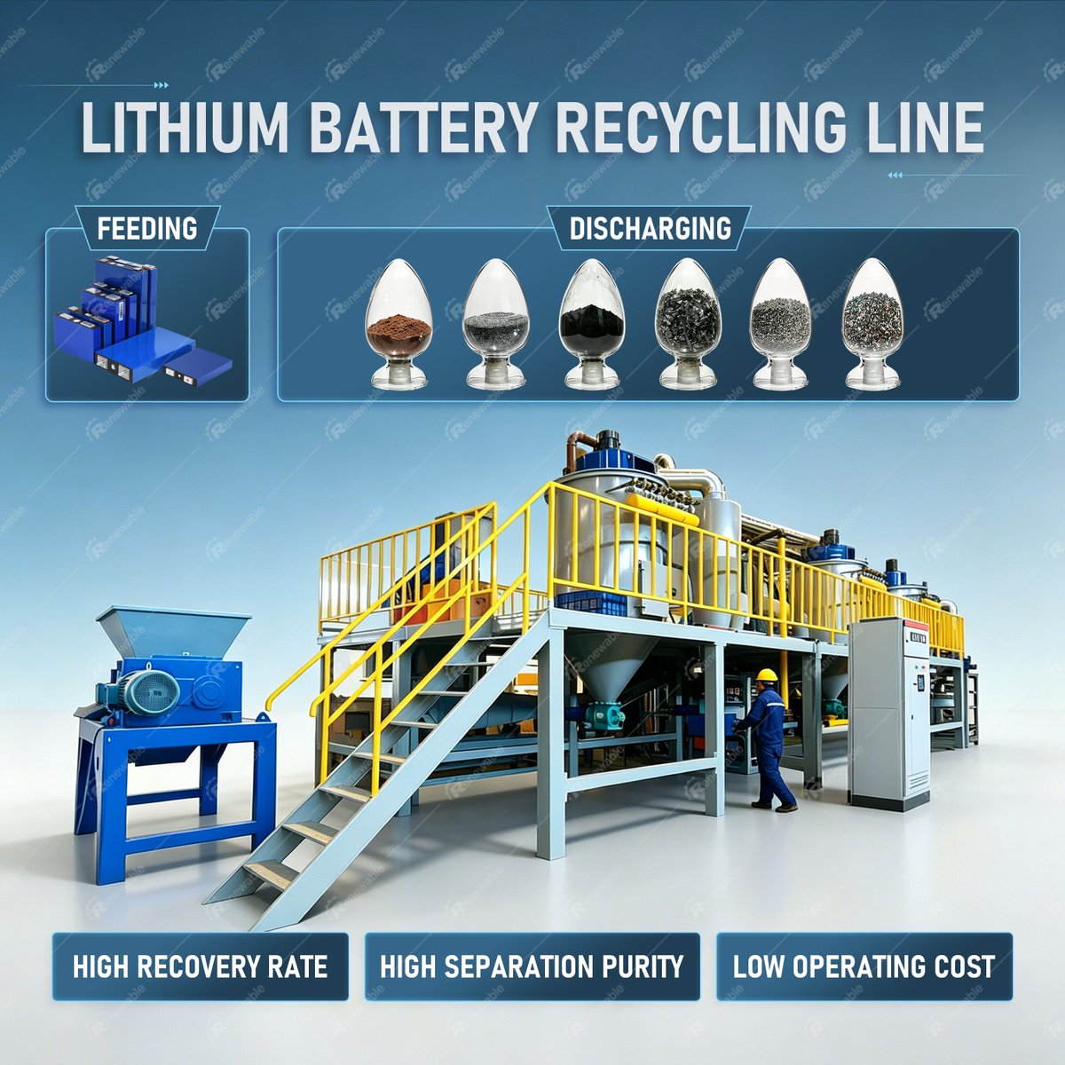 hnrenewable's tweet photo. Professional lithium battery processing equipment not only eliminates the risk of fire and explosion caused by residual electricity and flammable electrolytes, but also effectively recovers lithium, cobalt, nickel, and other core metals with a recovery rate of over 95% https://t.co/gTTQ8YekwO