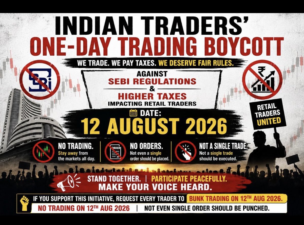 swingstatefmind's tweet photo. #SEBI
Time to unite!πͺ
No trading on 12th August, 2026.
#rollbackcas #rollbackSTT https://t.co/QtXBgs1k6V