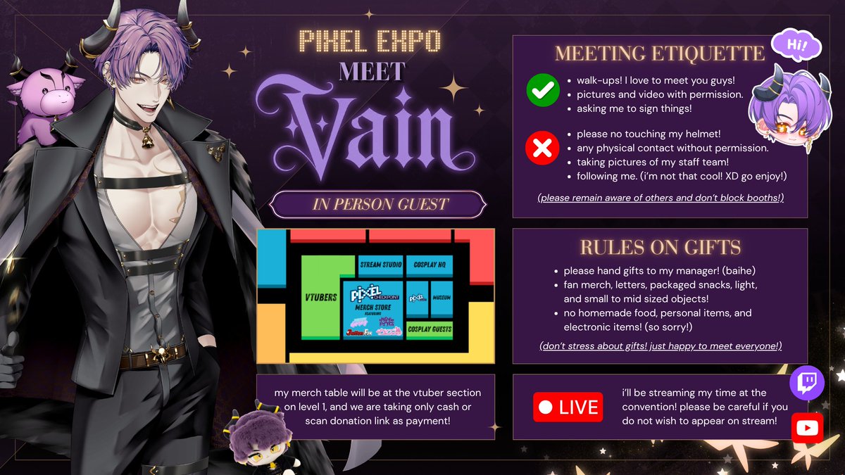 InVainYT's tweet photo. ✨Pixel Expo 2026 Info✨

So excited for my first ever IRL convention appearance at @MyPixelExpo ! Made some graphics to give you all a better look at everything I have planned. 

Can't wait to see you all there! 💜💜

Con IRL Stream Time | Will stream both days!