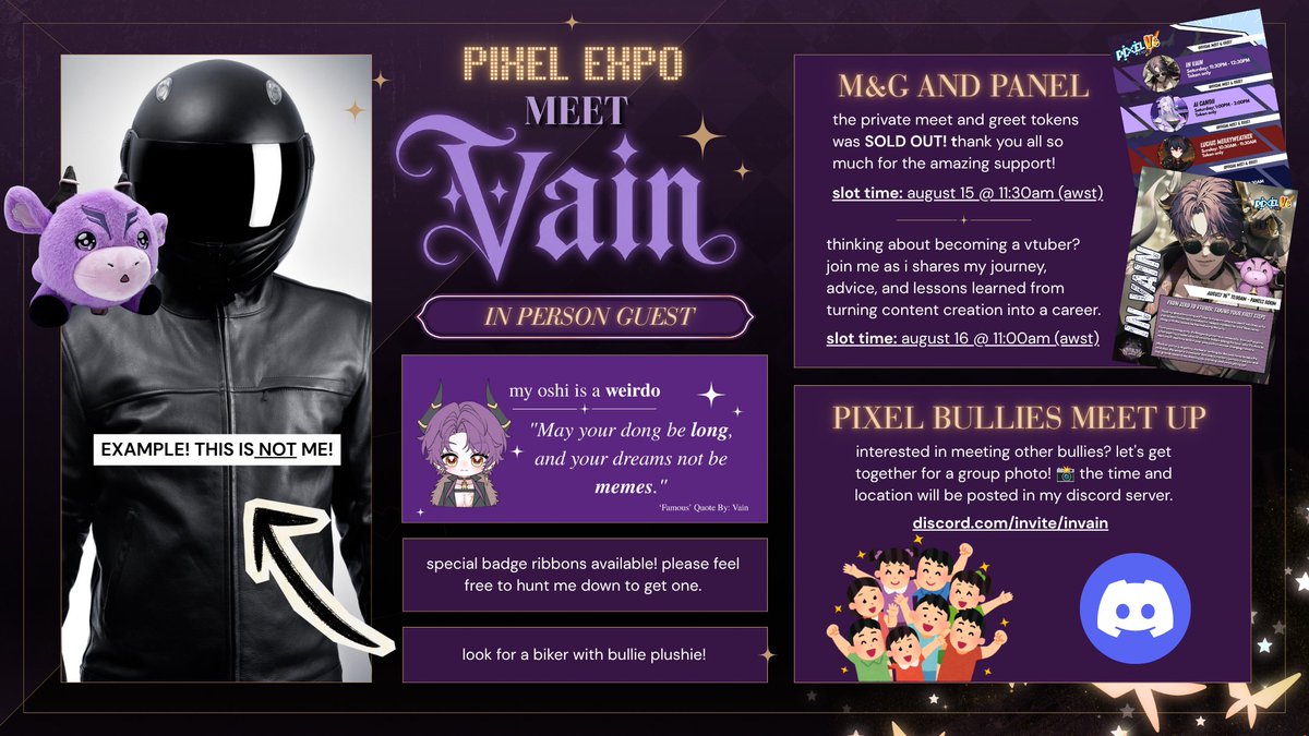 InVainYT's tweet photo. ✨Pixel Expo 2026 Info✨

So excited for my first ever IRL convention appearance at @MyPixelExpo ! Made some graphics to give you all a better look at everything I have planned. 

Can't wait to see you all there! 💜💜

Con IRL Stream Time | Will stream both days!