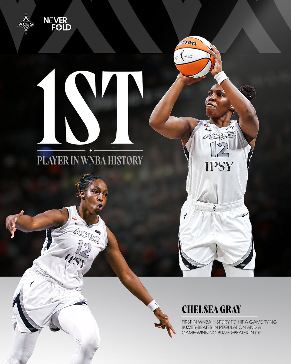 LVAces's tweet photo. TRUE TO THIS 😤

Chelsea Gray becomes the first player in WNBA history to hit a game-tying buzzer-beater to end regulation and a game-winning buzzer-beater to end overtime in the same game.

@cgray209 // @WNBA https://t.co/qF8qIiLWq9