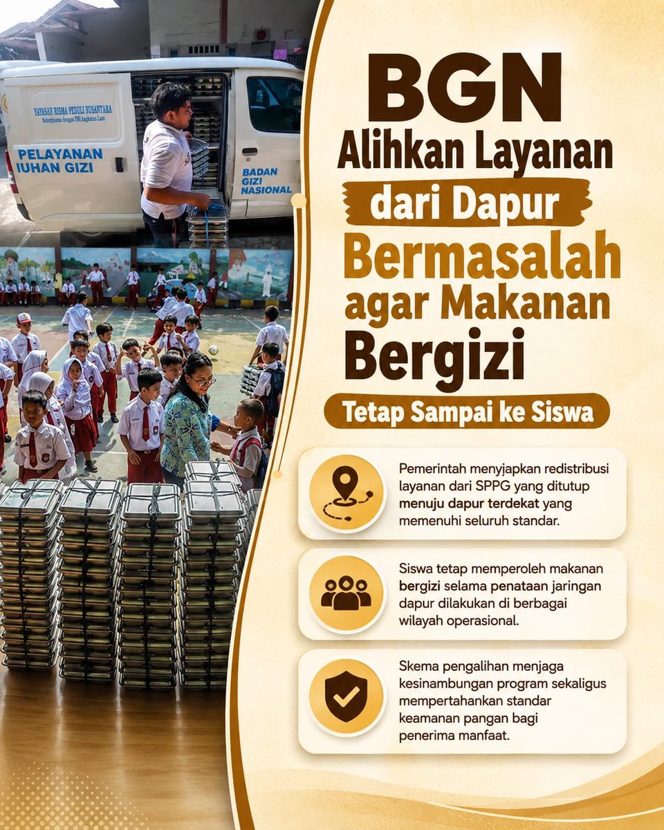 Afraputeh's tweet photo. BGN alihkan layanan dari dapur bermasalah agar makanan bergizi tetap sampai ke siswa. Perbaikan sistem terus dilakukan, tapi kebutuhan dan keselamatan anak tetap jadi prioritas utama.

#jagaIndonesia #MBG #AnakIndonesia #Gizi #IndonesiaMaju https://t.co/kUf76BcaiP