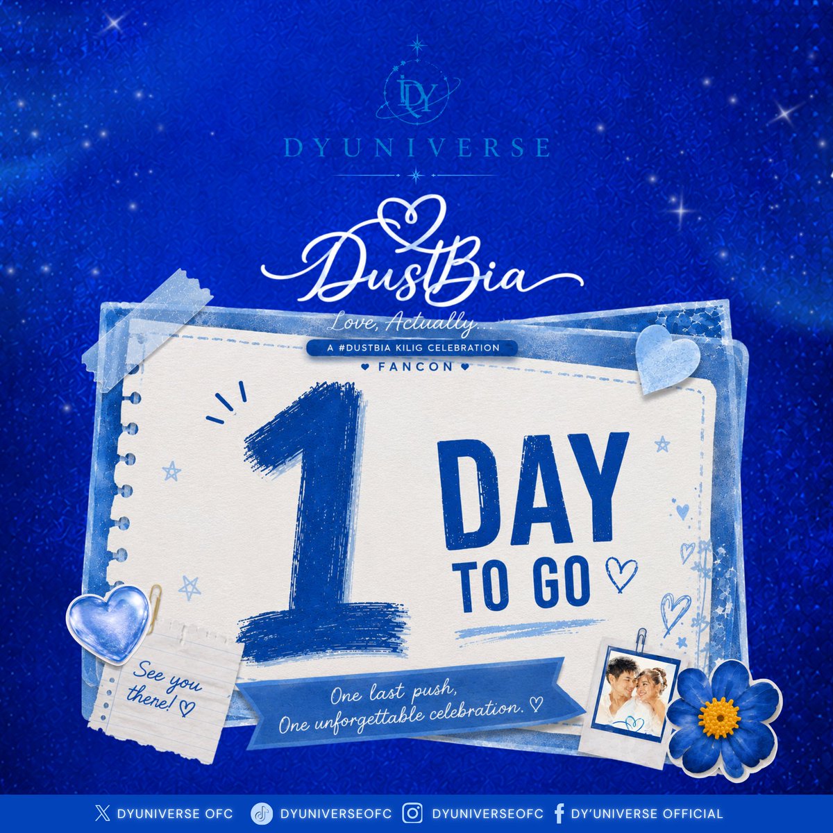 DYUniverseOFC's tweet photo. 𝘼𝙇𝙇 𝙍𝙊𝘼𝘿𝙎 𝙇𝙀𝘼𝘿 𝙏𝙊 𝙏𝙊𝙈𝙊𝙍𝙍𝙊𝙒!

The countdown is almost over... ⏳💙

Tomorrow, the lights will shine brighter, the cheers will be louder, and thousands of hearts will beat as one for Dustin Yu and Bianca De Vera at the Dustbia Love Actually FanCon! 

Charge your phones. Prepare your banners. Wear your best blue. Warm up those voices—because tomorrow, we create memories that will last a lifetime.

Let's fill the New Frontier Theater with nothing but love, positivity, and unwavering support.

One more sleep. One unforgettable FanCon. See Yu tomorrow! 💙

#DustinYu