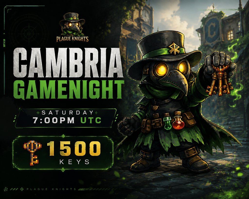 Plague_Knights's tweet photo. @Plague_Knights x @playcambria  weekly game nights are here 🎮
This week's prize pool: 1,500 KEYS 🎁

🗓️Think you've got what it takes? Saturday Competitive night is for you
🕖 At 7 PM UTC
🔥 Competitive matches
❌ No coaching
🎲 Events are revealed live, so nobody gets to practice beforehand
🔑 Keys and rewards up for grabs

🗓️ New to Cambria? Wednesday game night is for you
🕖 At 7 PM UTC
🔑Free keys for selected newcomers

📝Requirements
1- Like, comment, RT
2- Sign up with your IGN + Wallet in PK Discord https://t.co/dgJmcP7IVk
3- Use the PK Creator Code https://t.co/M6kN03vTZC