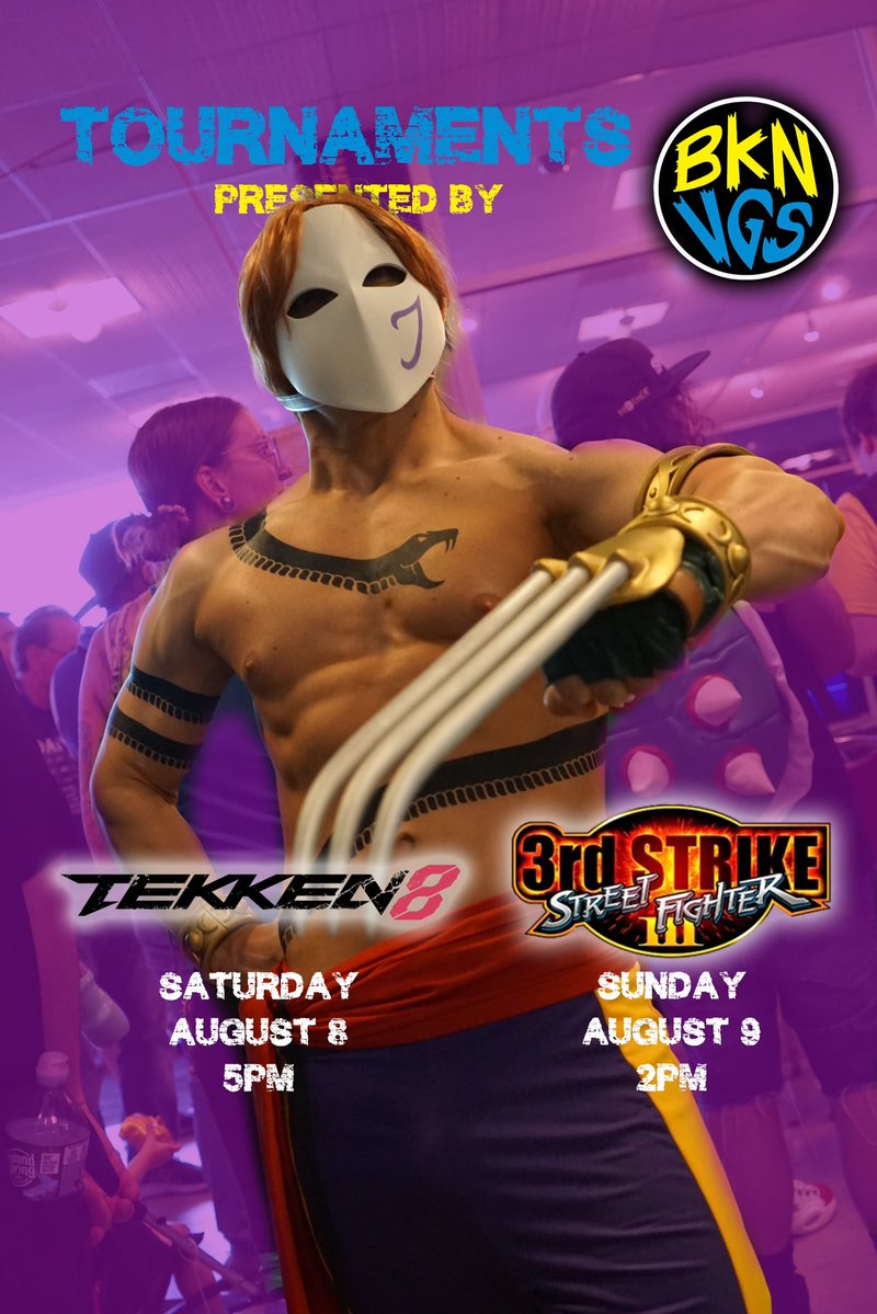 Liretro's tweet photo. Tournament entry for @bklynvideogames’ TEKKEN 8 and Street Fighter 3 Third Strike are FREE and no pre-ranking required.  However it is highly recommended to submit your entry immediately upon entering the expo both days due to expected high turnout and draw selection. Tournaments are on Level 1.