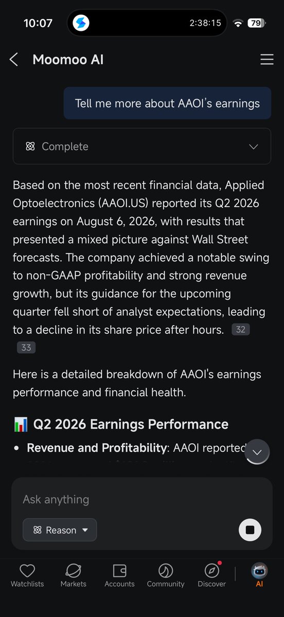 junlow29's tweet photo. Use Moomoo AI to catch up earnings of AAOI, as I was sleeping when the earnings released I think Moomoo AI is much more useful when asked questions about US Stocks instead of MY stocks, I don’t know whether I’ve given the wrong prompt or what but when MY stocks information is ask https://t.co/dEHjlQby3L