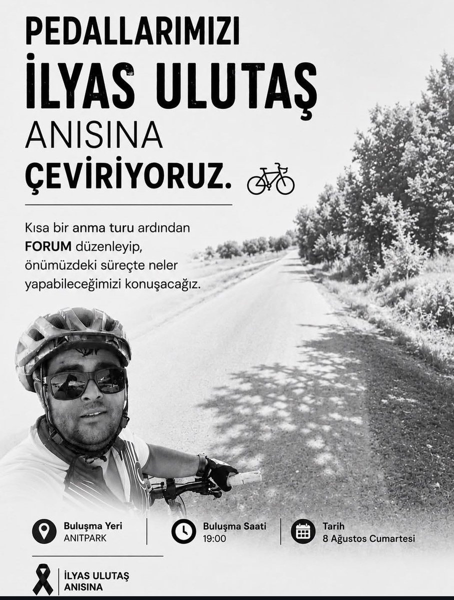 arabadan_in's tweet photo. PEDALLARIMIZI İLYAS ULUTAŞ ANISINA ÇEVİRİYORUZ
Kısa bir anma turu ardından FORUM düzenleyip, önümüzdeki süreçte neler yapabileceğimizi konuşacağız.

8 Agustos Cumartesi - 19.00
ANITPARK / ANKARA https://t.co/94tdX502k7