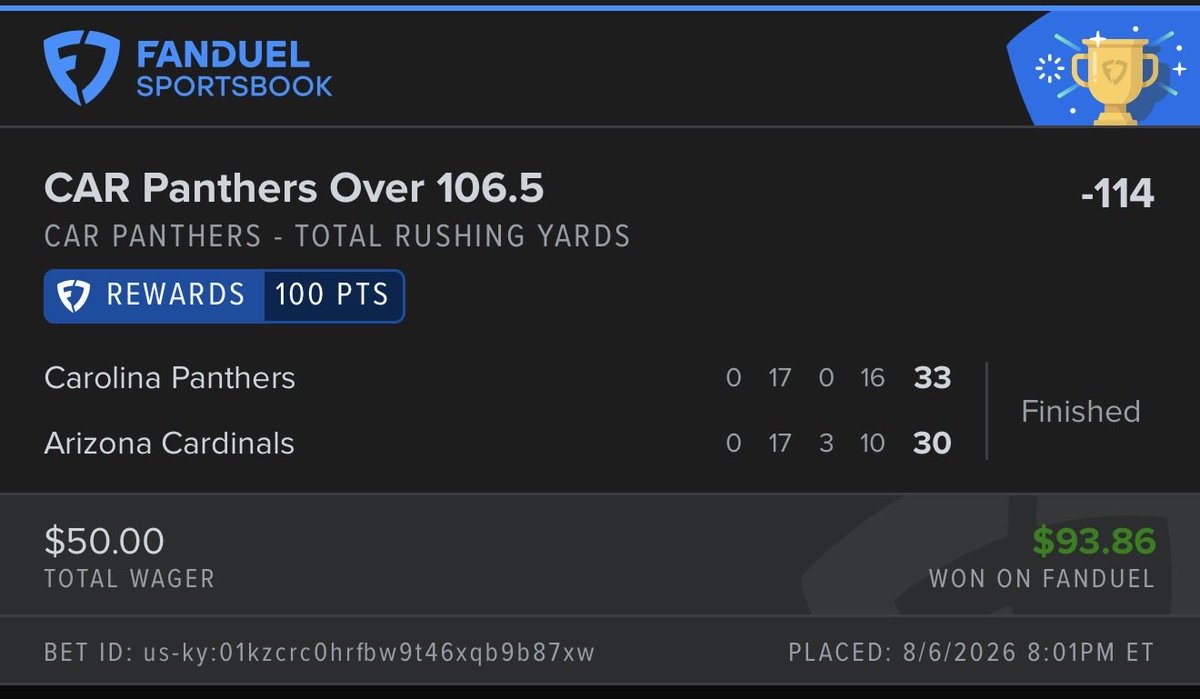 BoatCards's tweet photo. NFL Season Starts… 3-0 in Hall of Fame Game!!! 

Can’t wait to share these types of Bangers this season!!! 

- Haynes King ATTD +600 ✅
- Panthers ML -115 ✅
- Panthers Rush Yards o106.5 ✅ https://t.co/jiuMgYX2P3