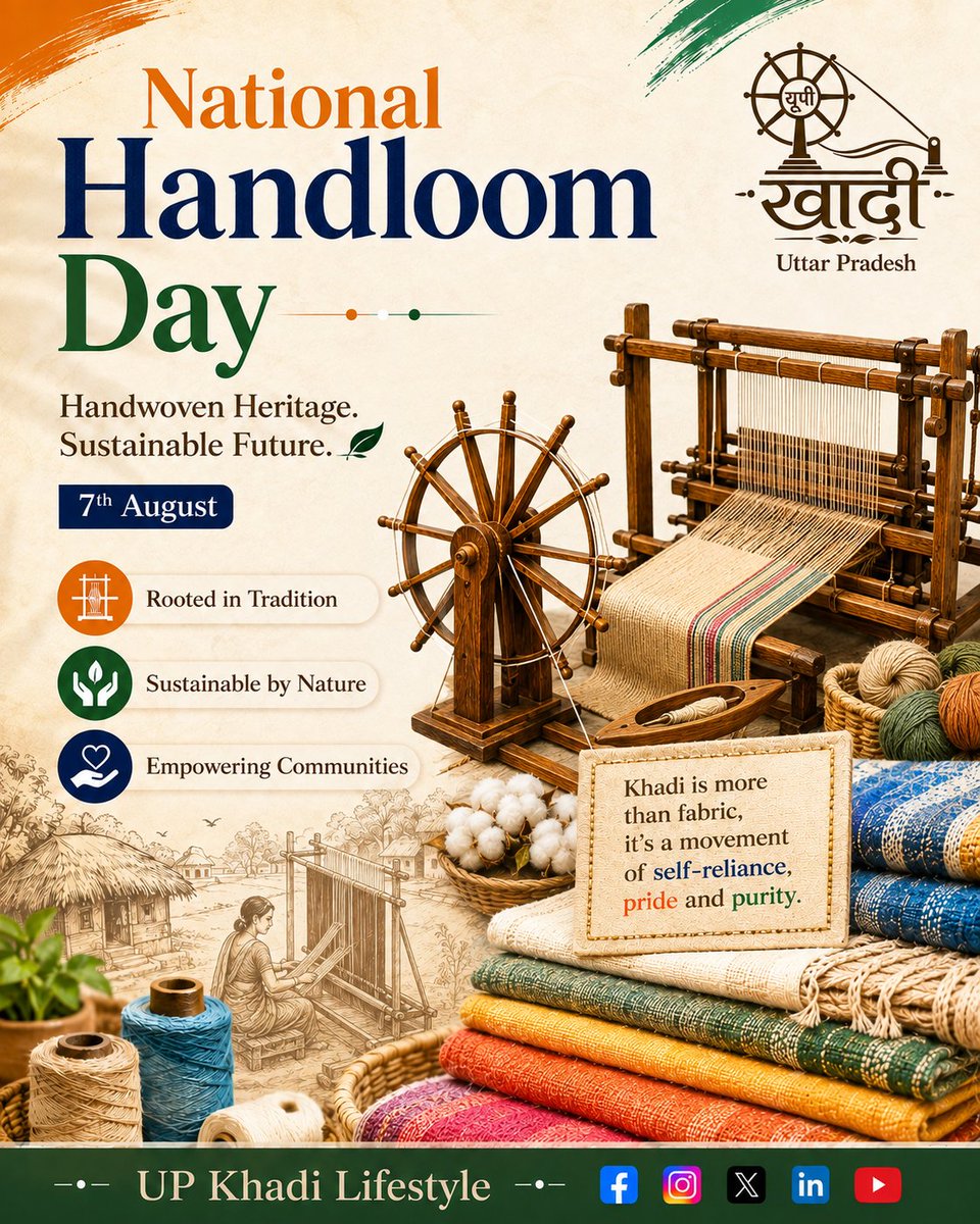 UPkhadilyfstyle's tweet photo. 🧵 National Handloom Day | 7 August
Every thread of Khadi carries a story of craftsmanship, self-reliance, and India's rich handloom heritage. This National Handloom Day, let's celebrate the skilled artisans whose hands weave not just fabric, but our culture, and traditions. https://t.co/ESq8v16wkP