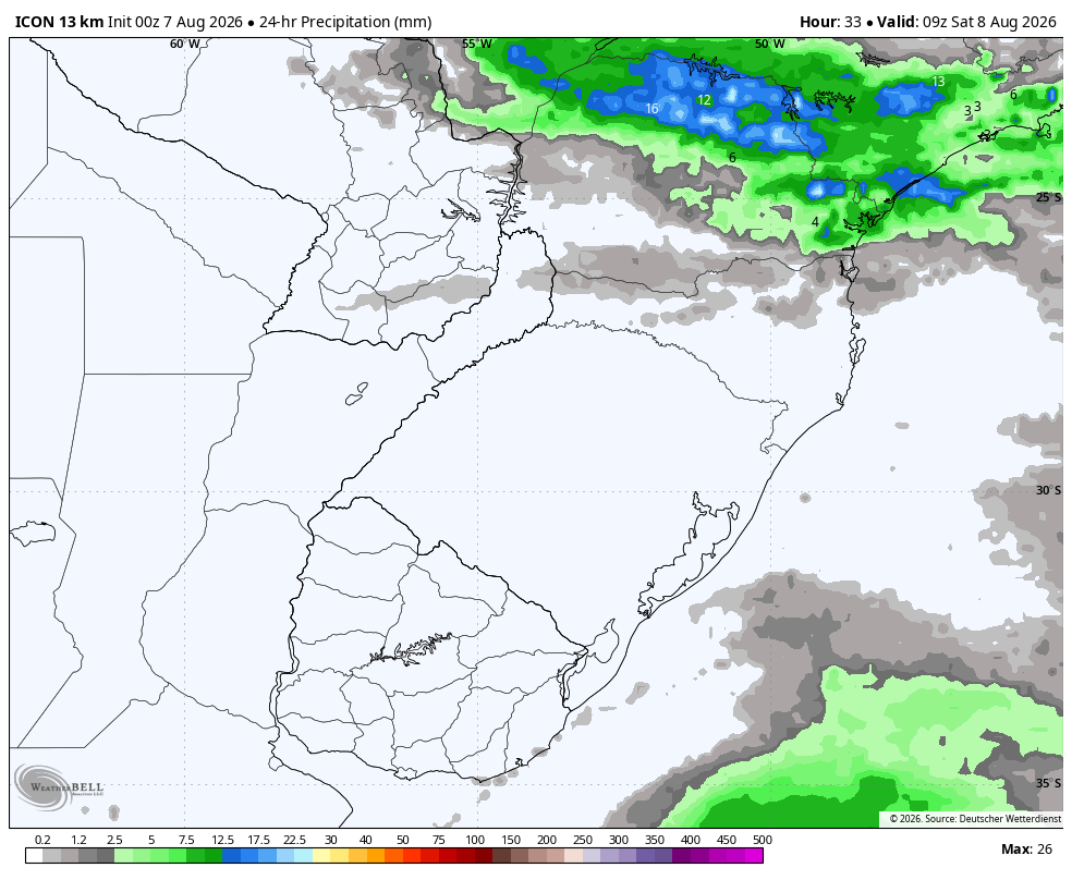 TempoSLeopoldo's tweet photo. Mapa mostra as estimativas de chuva acumulada no sul do Brasil entre 6h da manhã de sexta e 6h da manhã de sábado conforme a rodada de 0h UTC do modelo ICON. Não há previsão de chuva no RS ao longo desse período de 24h que começa ao amanhecer desta sexta-feira. https://t.co/lIG0dGWKd6