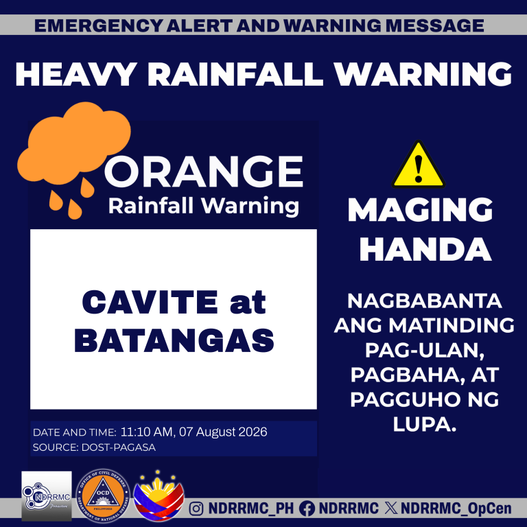 NDRRMC_OpCen's tweet photo. Maging alerto, mga lalawigan ng #Cavite at #Batangas!
NDRRMC(11:10AM,07Aug26)Orange Rainfall Warning sa Cavite at Batangas. Nagbabanta ang matinding pag-ulan, pagbaha at pagguho ng lupa.
#NDRRMC
#BawatSegundoMahalaga
#MaymayPH https://t.co/2L0mHeKNJd