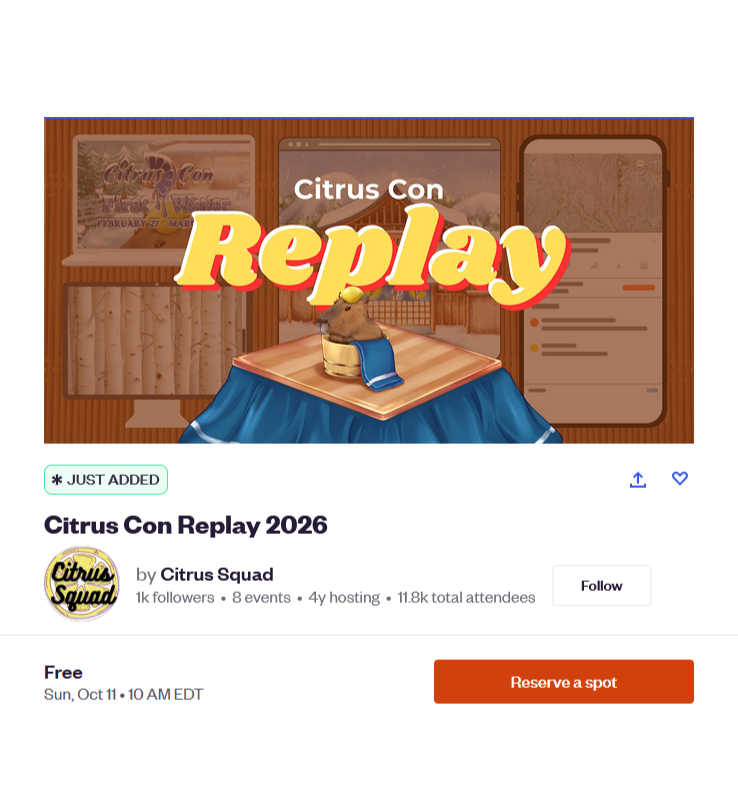 CitrusCon's tweet photo. Get excited for Citrus Con Replay, coming in October! We'll have a featured selection of programming from 2026, including a live panel and some that were too spicy for YouTube 👀Register here! https://t.co/Ea07miKUKN https://t.co/RrDxcSDL8K