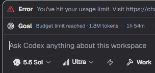 serg_vecher's tweet photo. I had 1% weekly left on Codex

I ran 5.6 Sol Ultra

It worked for 1h 54m and use 1.8M tokens

Now it's finished complete task and showed me limit error but I am more than happy

❤️ https://t.co/IHKWPYQm5A