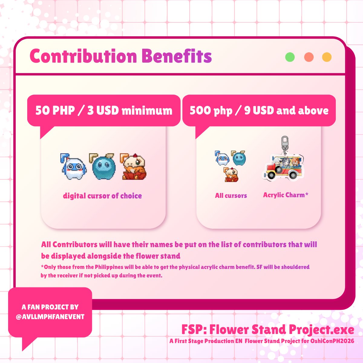 avllmphfanevent's tweet photo. By supporting our project, you can get all these freebies!

When you donate at least 50 PHP / 3 USD, you can get one of these cute mascot cursors. You can even get an acrylic charm* if you donate 500 PHP or more! 

*for 🇵��� stagelights only 

#FSPENinthePH2026 #Oshicon2026 https://t.co/lmAyUBsrid