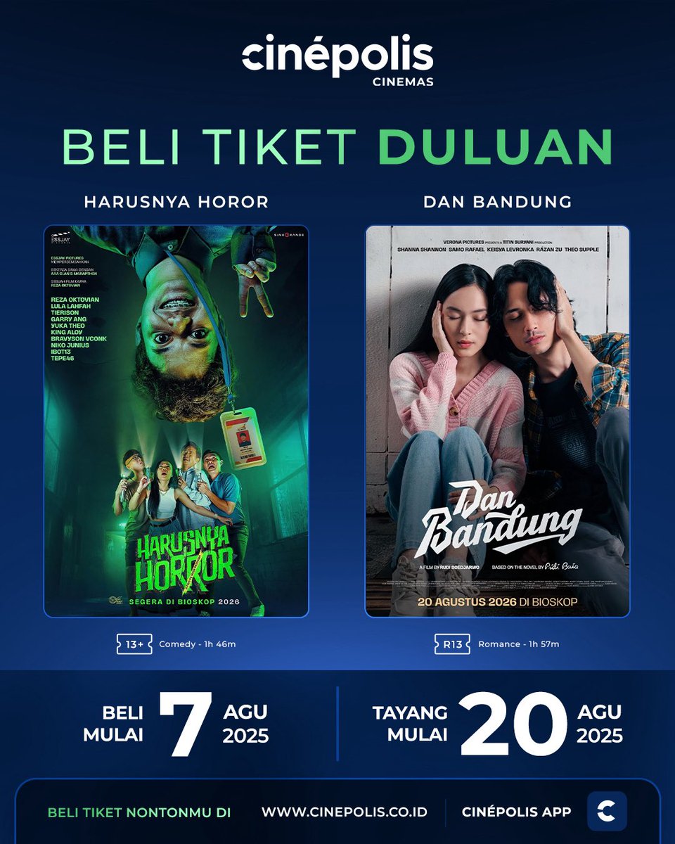 cinepolisID's tweet photo. Tiket nonton #HarusnyaHorror dan #DanBandung bisa kamu beli mulai 7 Agustus 2026 untuk penayangan 20 Agustus 2026 di Cinépolis Cinemas. 

Yuk amankan tiketmu sekarang di website dan aplikasi Cinépolis Indonesia. 

#CinepolisID https://t.co/TjLcz0WMkU