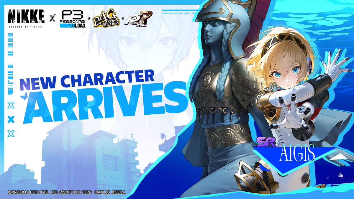 NIKKE_en's tweet photo. 【New Character Introduction】

#NIKKExPersona

The new SR Character Aigis is coming soon via the「PERSONA ON FRONTLINE」collaboration event!

Complete the collaboration event「PERSONA ON FRONTLINE」 and the 14 Days Login Event to obtain SR Character Aigis.

Commanders, stay tuned!

※Aigis will not be obtainable after the collaboration event ends.