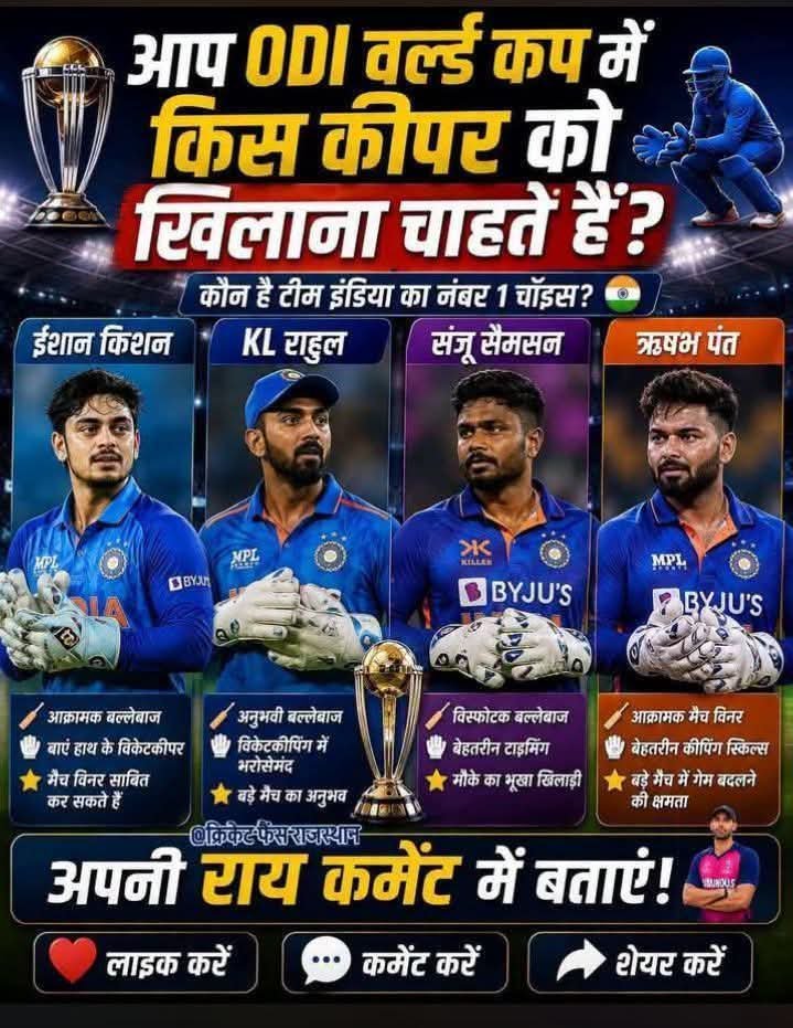 Parmar_boy007's tweet photo. #ODI_वर्ल्ड_कप_में_टीम_इंडिया_का_नंबर_1_विकेटकीपर_कौन_होना_चाहिए? 🧤🇮🇳
🏏 ईशान किशन | KL राहुल | संजू सैमसन | ऋषभ पंत 👇 कमेंट में सिर्फ एक नाम लिखिए!
#क्रिकेट_फैंस_राजस्थान #भारत #क्रिकेट_न्यूज_राजस्थान 
#ODIWorldCup #TeamIndia क्रिकेट फैंस 
 #RishabhPant #KLRahul CricketPoll https://t.co/WyWrpNEQ3J