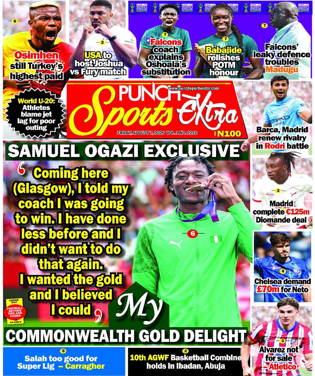 MobilePunch's tweet photo. AUGUST 7 - PUNCH Sports Extra Headlines https://t.co/otWH1YaBHW