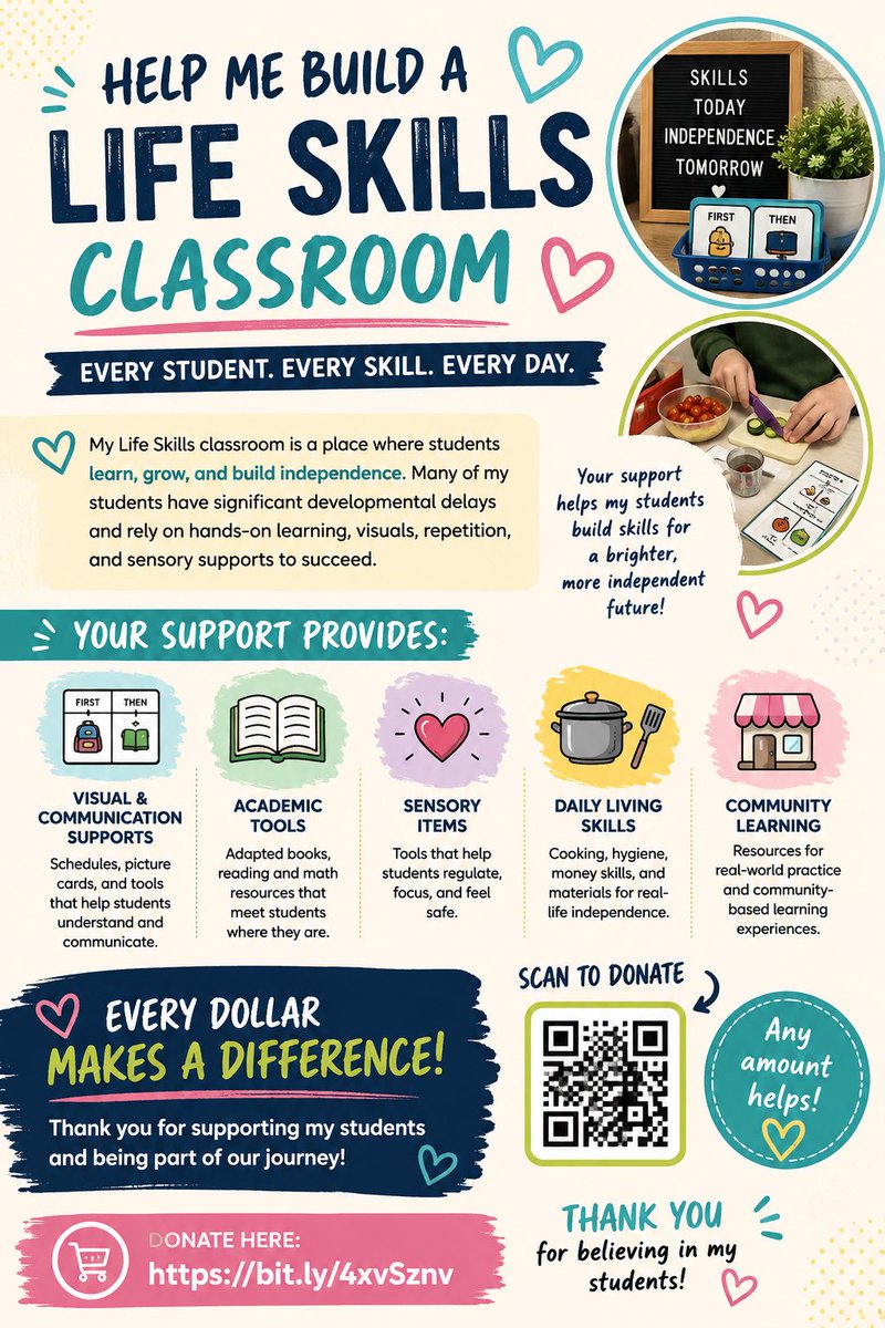MrsDSpEd's tweet photo. 💙 I’m raising support for my Teachers Pay Teachers Class Fund to provide adapted lessons, visual supports, sensory activities, communication tools, and life skills resources for my amazing Life Skills students. These specialized materials help them build independence and aren’t covered by our classroom budget.

Every donation makes a difference. Thank you for supporting my students! 💙

✨ https://t.co/d58BFSMipn