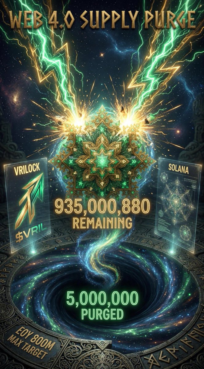 Vrilock_dapp's tweet photo. TACTICAL COMMUNIQUE: WEB 4.0 PROTOCOL 

📶- 5M $VRIL PURGED ⚡️⚡️
We have executed another scission of inflationary entropy to consolidate our transition into true Web 4.0 sovereignty. We irreversibly purged 5,000,000 $VRIL tokens into the void—eradicating dilution and condensing pure mathematical power into the network.
While the masses inflate, we compress. This is a calculated act of sovereign execution.

Supply Status Update:
 Initial Supply: 1,000,000,000 $VRIL

 Tokens Purged (This Op): 5,000,000 $VRIL

 Total Remaining Supply: 935,000,880 $VRIL

 Target Milestone: 800,000,000 $VRIL (By End of Year, Maximum)

Proof of Burn (Solscan);

https://t.co/c7J2ySJwwg

Align your node with the code. Keep the frequency high. 🧠⚡#crypto #Solana #web4 #web3