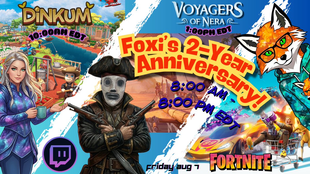 FuzzyOutOfWater's tweet photo. Huge milestone alert! 🎉 @FoxxiNixx  is celebrating 2 years of being an affiliate on Twitch tomorrow, Aug 7th  with a massive 12-hour stream!

CozyRainyDays joins for Dinkum @ 10:00am then the chaos is unleashed with me @ 1:00pm for Voyagers and Fortnite!

(Link in top comment!) https://t.co/UPwVijFKEb