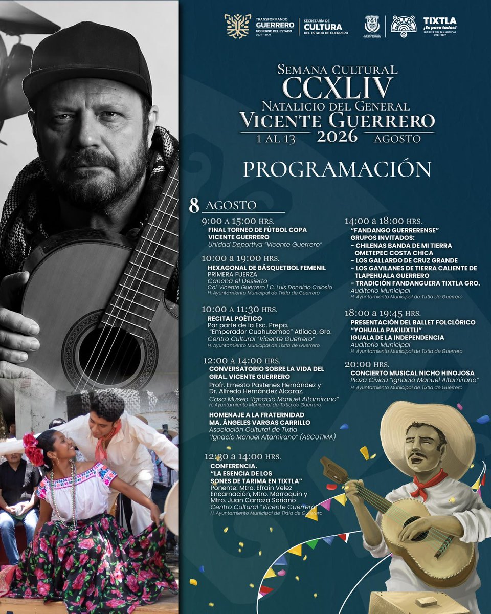 esoyalose's tweet photo. Disfruta de una velada de trova con Nicho Hinojosa, en el marco de la Semana Cultural CCXLIV Natalicio del “General Vicente Guerrero” 2026. 

La cita es este sábado 8 de agosto a las 20:00 horas, en la Plaza Cívica "Ignacio Manuel Altamirano" de Tixtla, Gro. https://t.co/ynr8SObQg1
