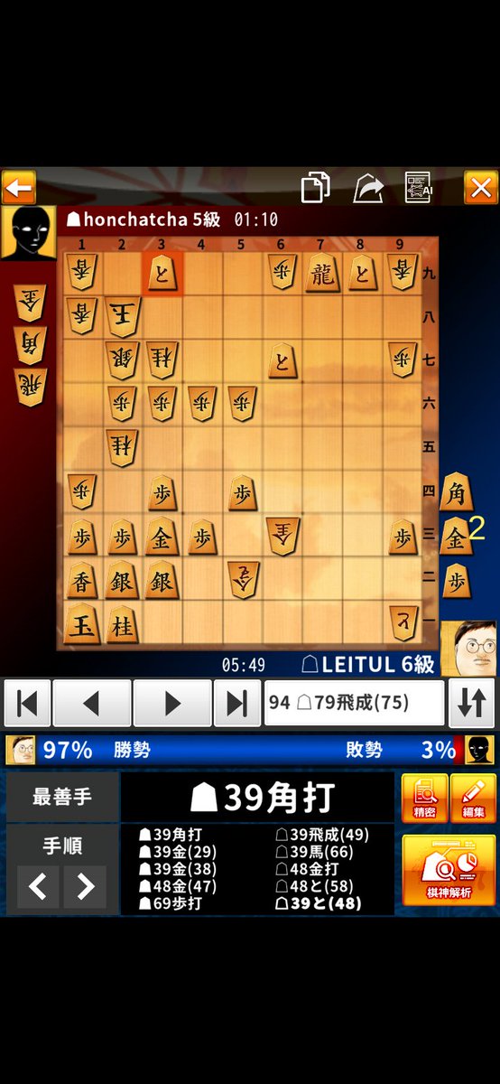 LEITULUmain's tweet photo. やはり穴熊、穴熊は世界を変える

将棋ウォーズ棋譜(honchatcha:5級 vs LEITUL:6級)
https://t.co/BLM8sVxIsg

棋神アナリティクスで棋譜解析
https://t.co/oZNJvy3rhV https://t.co/N7XjSNGrSv