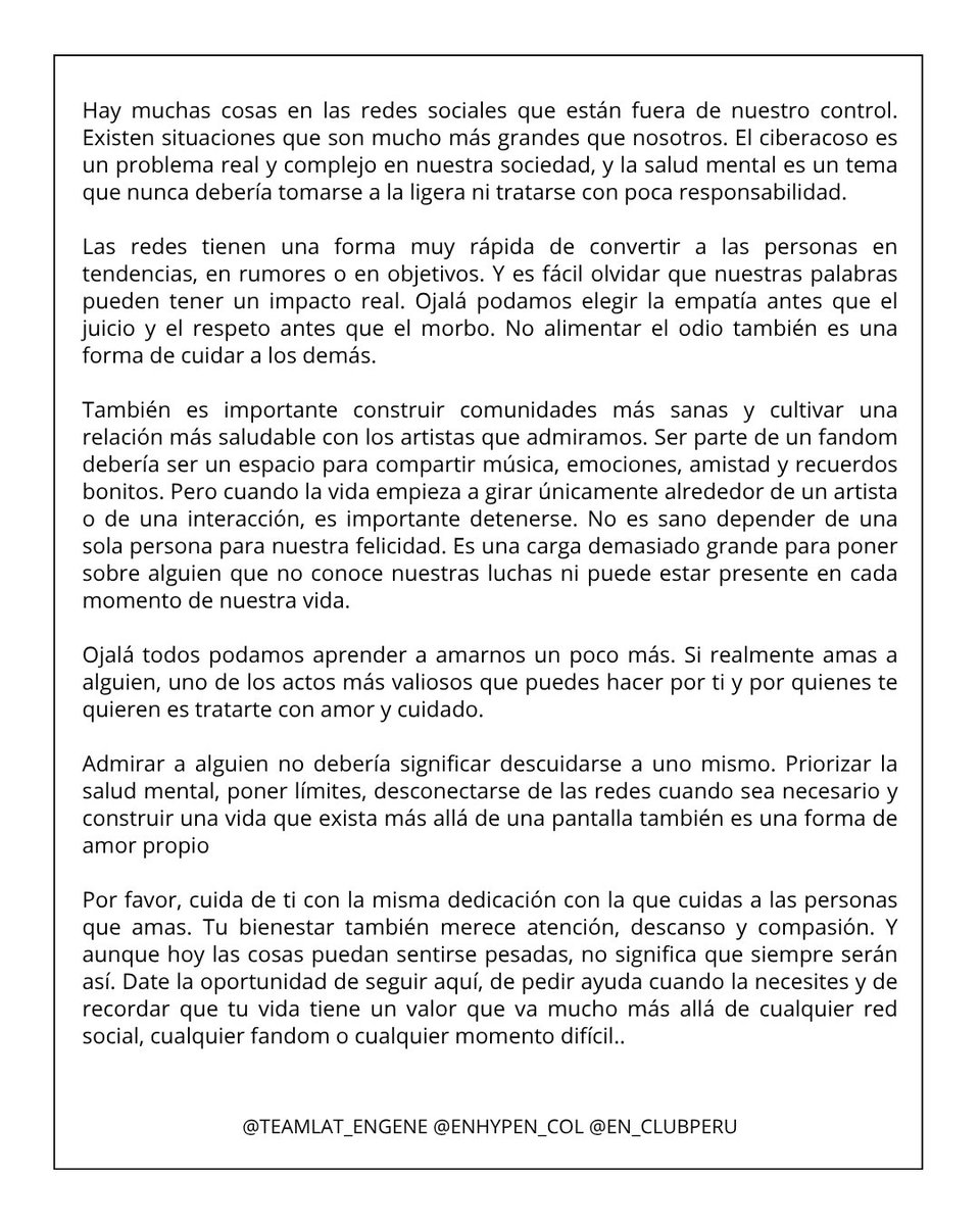 TEAMLAT_ENGENE's tweet photo. Compartimos este mensaje con respeto y empatía. Ojalá este momento nos recuerde la importancia de cuidar nuestras palabras, actuar con responsabilidad y construir comunidades donde el respeto y la compasión siempre tengan más fuerza que el odio o el juicio. Cuidarnos entre todos también es una forma de amor.🤍