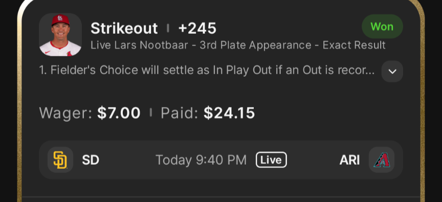 Cc_betts's tweet photo. Ending the night on a night cap. A live strikeout, my favorite 😛
#Gambling𝕏 https://t.co/BQ5VZvWdKT