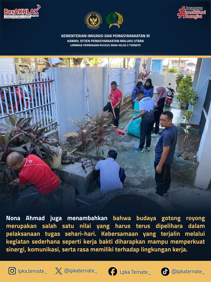 lpkaternate_'s tweet photo. JUMAT BERSIH, KA.LPKA TERNATE AJAK SELURUH PEGAWAI TINGKATKAN KEPEDULIAN, DAN SEMANGAT GOTONG ROYONG CIPTAKAN SUASANA KERJA YANG SEHAT, BERSIH, DAN NYAMAN. 

Baca Selengkapnya di:
https://t.co/FZd7aIfxxF https://t.co/xjJTG5O8AW