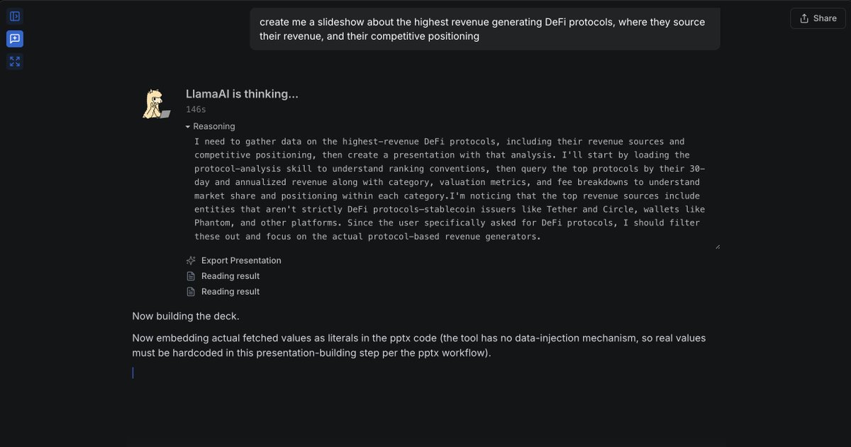 DefiLlama's tweet photo. LlamaAI just took a step towards being your personal analyst. Now featuring pptx, docx, and xlsx exports.

Create decks, Excel models, and reports from the full set of onchain data. https://t.co/juutRyLg2l