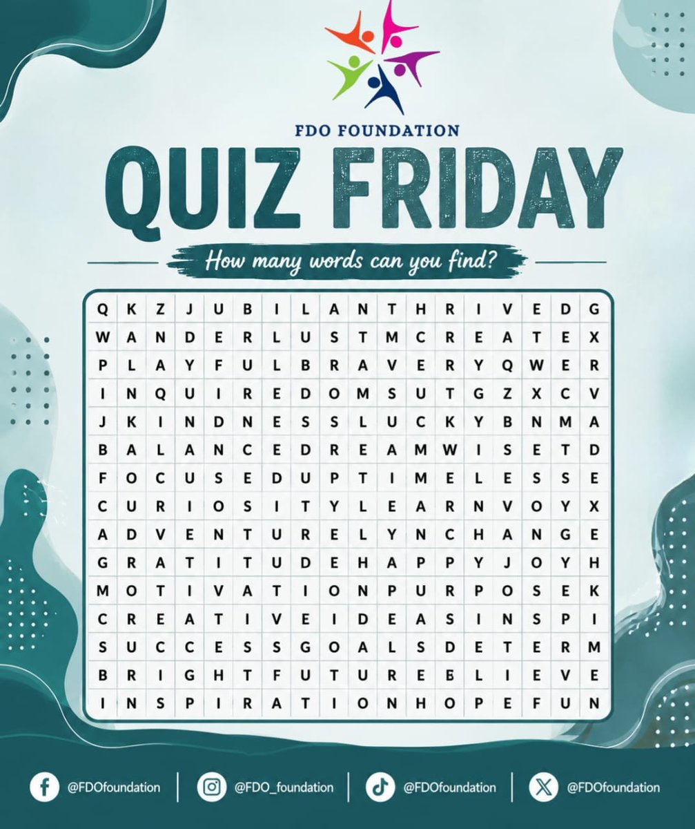 FDOfoundation's tweet photo. 🧩 Quiz Friday!
How many words can you find😁?
Comment your answers below and tag someone to join the challenge! 😄
#QuizFriday #fdofoundation #tgif https://t.co/ImEgXgRusl