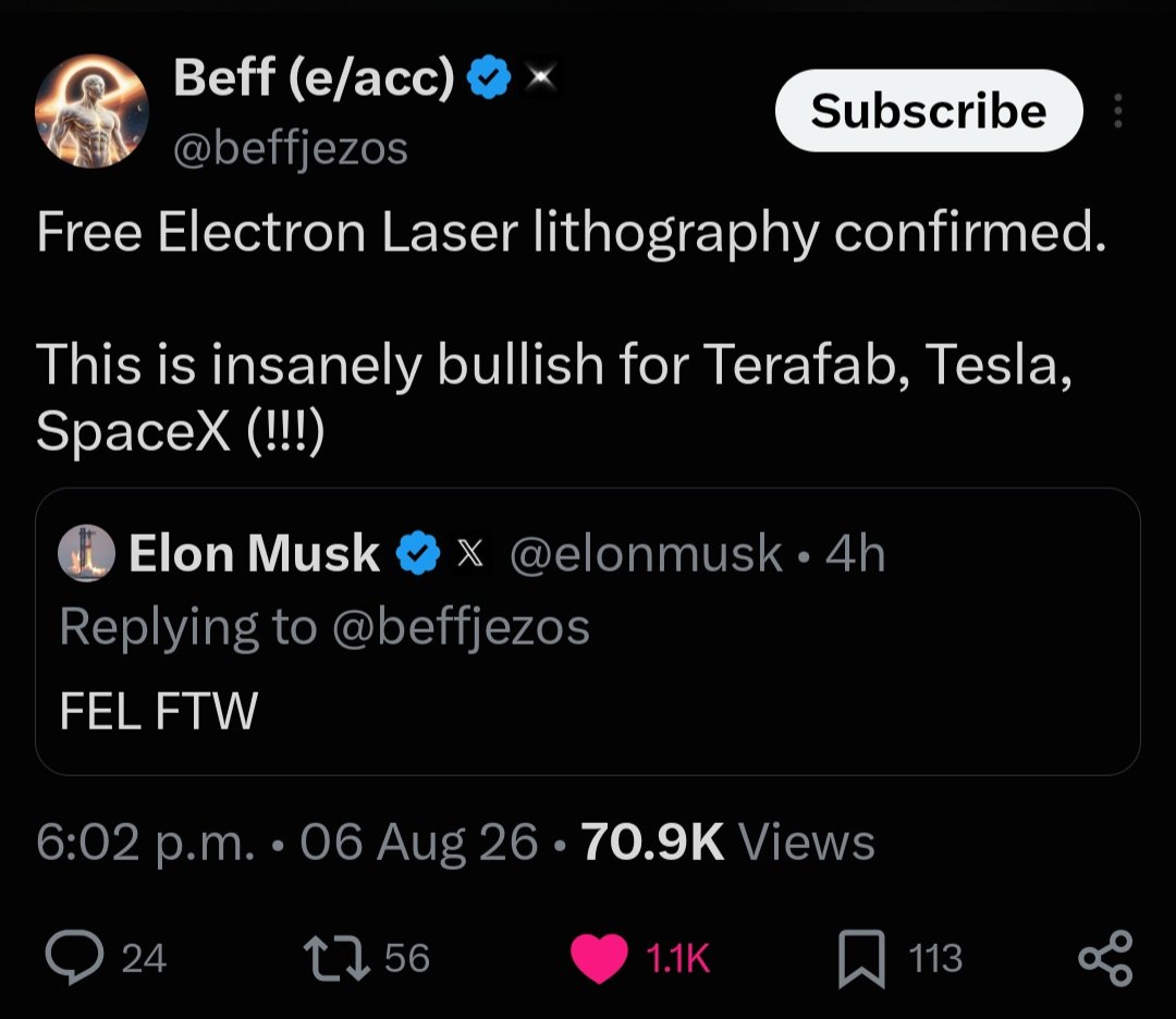 is_OwenLewis's tweet photo. Someone found an insane Easter Egg in the Terafab video that SpaceX released earlier today. Elon appears to have confirmed that the circle is a particle accelerator that will be used for Free Electron Laser lithography.

Reminder that if you're not on X, you're missing out on everything that's happening. 

FEL lithography is an alternative way of generating extreme ultraviolet (EUV) light for advanced semiconductor manufacturing. Basically, SpaceX is going to eat ASML's lunch.