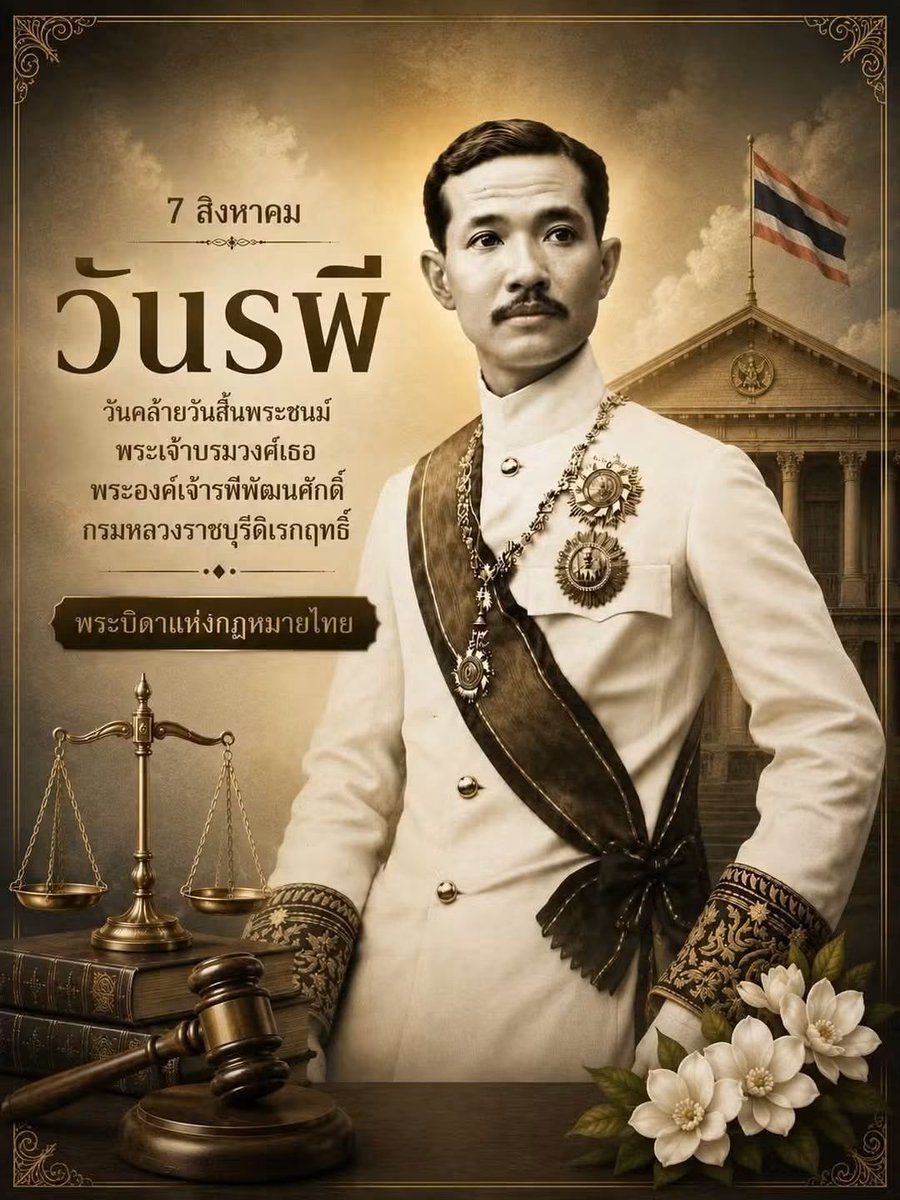 29Army291's tweet photo. วันรพี ตรงกับวันที่ 7 สิงหาคมของทุกปี เป็นวันคล้ายวันสิ้นพระชนม์ของพระเจ้าบรมวงศ์เธอ พระองค์เจ้ารพีพัฒนศักดิ์ กรมหลวงราชบุรีดิเรกฤทธิ์ ผู้ได้รับการยกย่องเป็น "พระบิดาแห่งกฎหมายไทย" จากคุณูปการในการวางรากฐานนิติศาสตร์และระบบศาลยุติธรรม 
⚖️👨‍⚖️🏛️ 

#วันรพี  #พระบิดาแห่งกฎหมายไทย https://t.co/lYEQdiiXF7
