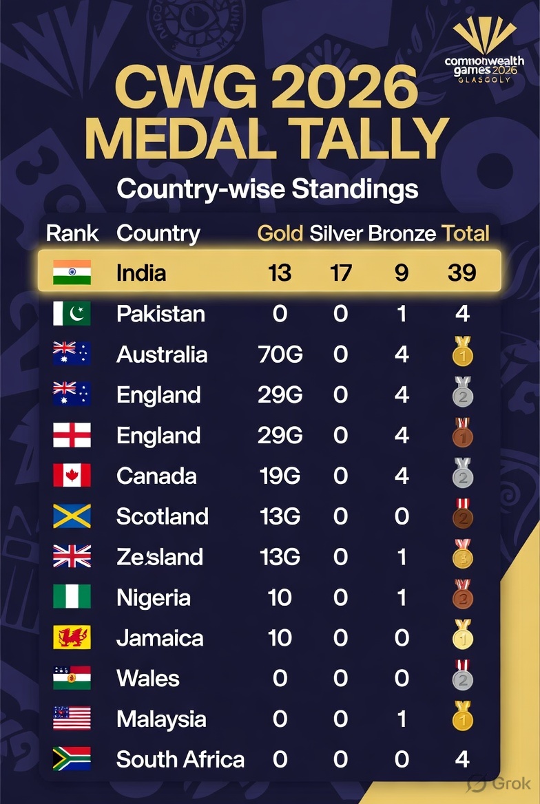 GamesUniteWorld's tweet photo. India finishes 4th at CWG 2026 Glasgow with a solid 39 medals (13 17 9)!   Pakistan ends with 1 Bronze.  Australia dominate with 70 Golds   Proud moment for Indian athletes   #CWG2026 #IndiaAtCWG #MedalTally https://t.co/hyhMoADihc