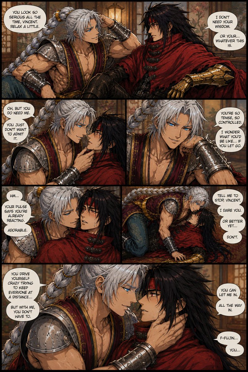 ElvenThranduil2's tweet photo. Vincent Valentine falling for the seduction of Fujin...Fujin knows exactly what he is doing, he is the master seducer and Vincent fall for his charms no matter how hard he resists...Part 3
#valenjin #VincentValentine #Fujin https://t.co/ZqmwmAwmFV