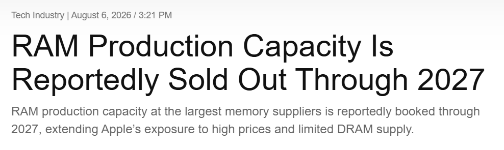 byKairox's tweet photo. RAM PRODUCTION CAPACITY IS REPORTEDLY SOLD OUT THROUGH 2027

Samsung, SK hynix, and Micron have reportedly committed most of their available DRAM and HBM capacity through the end of 2027, with AI infrastructure absorbing a growing share of supply. 

The pressure goes beyond AI GPUs. HBM production uses overlapping DRAM manufacturing resources, while AI servers are also consuming huge amounts of DDR5 and enterprise storage. (AppleMagazine)

For consumers, that could mean higher memory prices, fewer high-RAM configurations, and tighter supply across PCs, phones, and other devices.

The AI boom is no longer just eating GPUs. It’s starting to reshape the entire memory market.