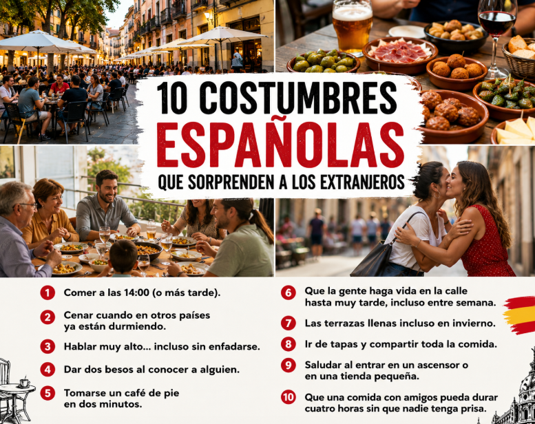ListaIncomoda's tweet photo. 10 costumbres españolas que más sorprenden a los extranjeros.  

No son malas. De hecho, muchos terminan echándolas de menos.  

- Comer a las 14:00 (o más tarde). 
- Cenar cuando en otros países ya están durmiendo. 
- Hablar muy alto... incluso sin enfadarse. 
- Dar dos besos al conocer a alguien. 
- Tomarse un café de pie en dos minutos. 
- Que casi todo cierre unas horas al mediodía en muchos pueblos. 
- Las terrazas llenas incluso en invierno. 
- Ir de tapas y compartir toda la comida. 
- Saludar al entrar en un ascensor o en una tienda pequeña. 
- Que una comida con amigos pueda durar cuatro horas sin que nadie tenga prisa.  

¿Alguna te sorprende a tí?