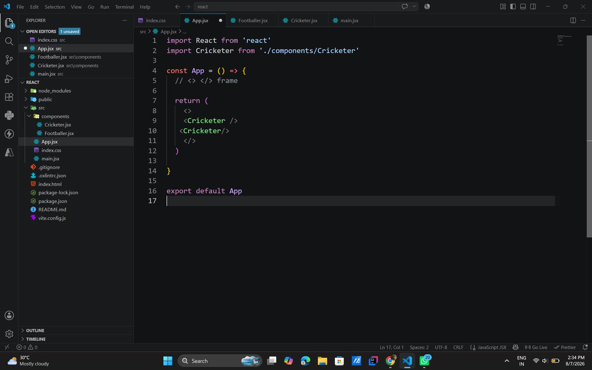 Sharmatipendra_'s tweet photo. Back after almost 40 days🚀

Started my React journey today.

Learned:
• React Basics, JSX
• Components
• Reusable Components

One thing I found interesting is how one component can include other components, making the code cleaner and reusable.
Feedback is always welcome! 🙌 https://t.co/jzJWSlcfPl